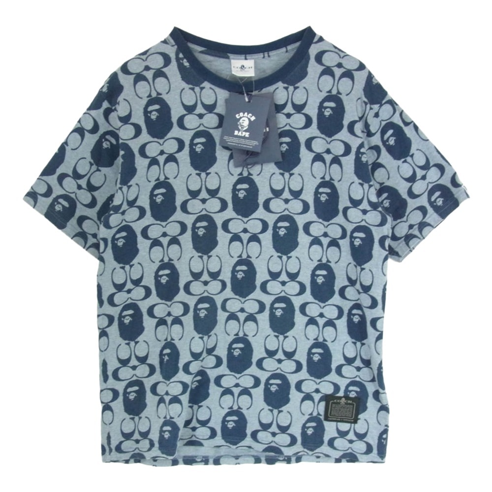 A BATHING APE アベイシングエイプ Tシャツ 21SS 001CSH731901C × COACH Signature Monkey Tee コーチ シグネチャー モンキー総柄 半袖 Tシャツ カットソー ネイビー系 L【中古】