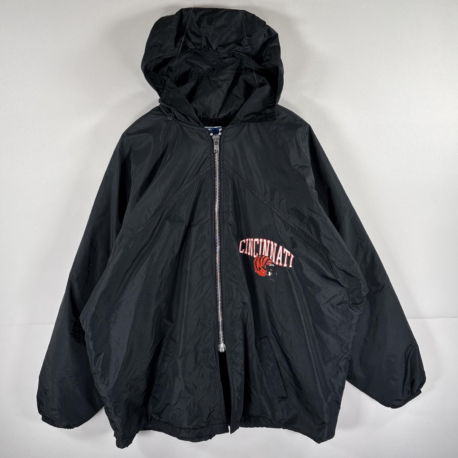 古着 90's/90年代 チャンピオン Champion USA製 ナイロンジャケット 中綿 ベンチコート フーディ NFL シンシナティベンガルズ ボアライナー XL  ブラック メンズ