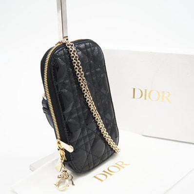 極美品 Dior ディオール パテントカーフスキン Lady Dior Call'in Dior フォンホルダー S0872OVRB 2wayショルダーバッグ ブラック カーフレザー レディース