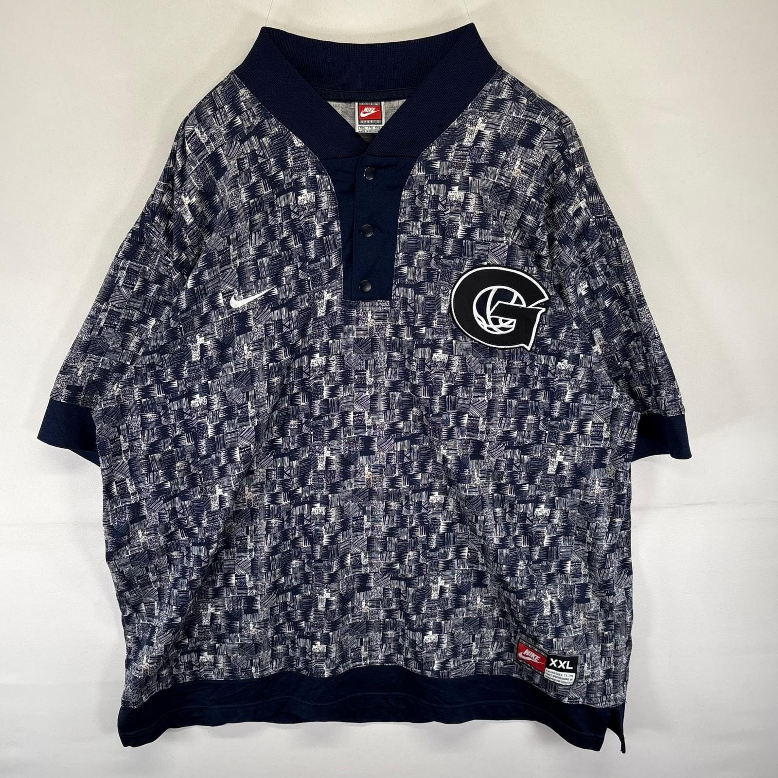 古着 90's/90年代 ナイキ NIKE 半袖シャツ ゲームシャツ ヘンリーネック ワンポイントロゴ 大きいサイズ 2XL  ネイビー系 総柄 メンズ