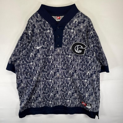 古着 90's/90年代 ナイキ NIKE 半袖シャツ ゲームシャツ ヘンリーネック ワンポイントロゴ 大きいサイズ 2XL ネイビー系 総柄 メンズ