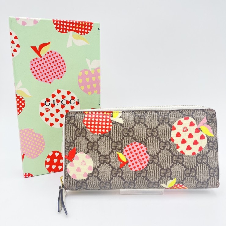 GUCCI(グッチ)レ ポム GGスプリーム ジップアラウンドウォレット 長財布 フルーツプリント ベージュ PVC ゴールド金具 663924・0416【中古】