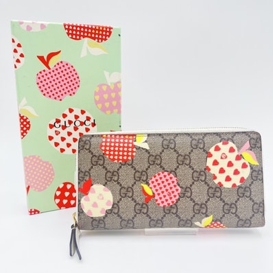 GUCCI(グッチ)レ ポム GGスプリーム ジップアラウンドウォレット 長財布 フルーツプリント ベージュ PVC ゴールド金具 663924・0416【中古】