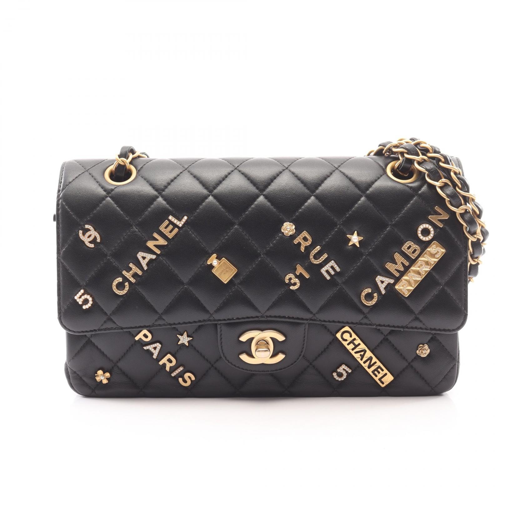 シャネル CHANEL マトラッセ Wフラップ アイコンチャーム ショルダーバッグ バッグ ラムスキン(羊革) レディース ブラック系 A01112 【中古】