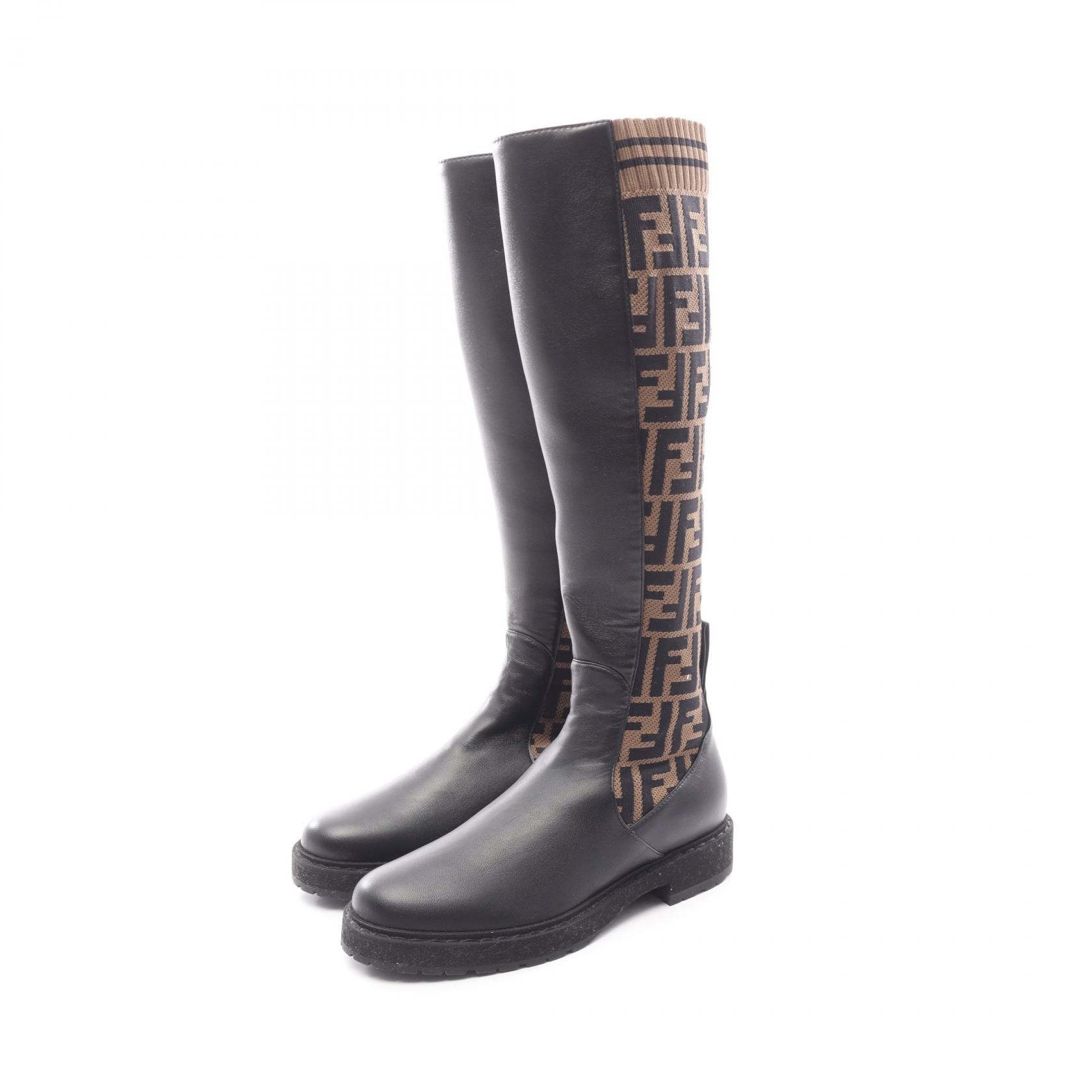 フェンディ FENDI ズッカ ロング ブーツ 靴 レザー ファブリック レディース ベージュ系 / ブラック系 【中古】