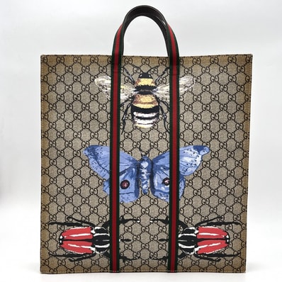 GUCCI(グッチ)GGスプリーム インセクト プリント トートバッグ ベージュ系 キャンバス ウェブハンドル 495560【中古】
