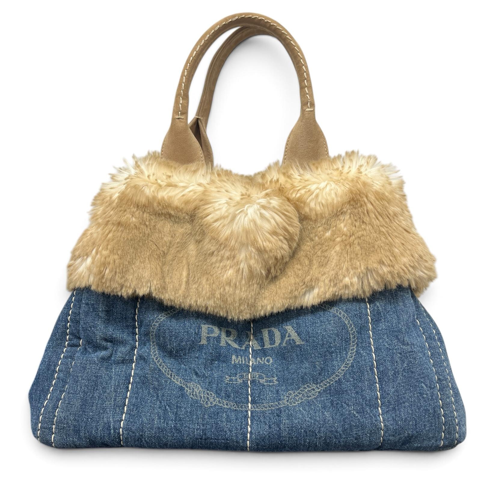 PRADA 希少 美品 プラダ DENIM LOGO+ECO CANAPA カナパ ラージ エコファー トートバッグ BN2182 ブルー ネイビー ベージュ ロゴ ショッピングバッグ トライアングルロゴ 三角プレート ABランク 鑑定済 中古 プラダバッグ