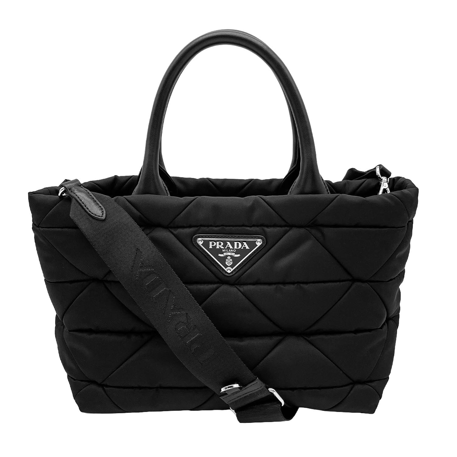 PRADA プラダ パデッド リナイロン Re-Nylon 2WAY トートバッグ
 トライアングルステッチ 三角プレート ICチップ 1BG436 ミディアム ブラック レディース
 【中古】