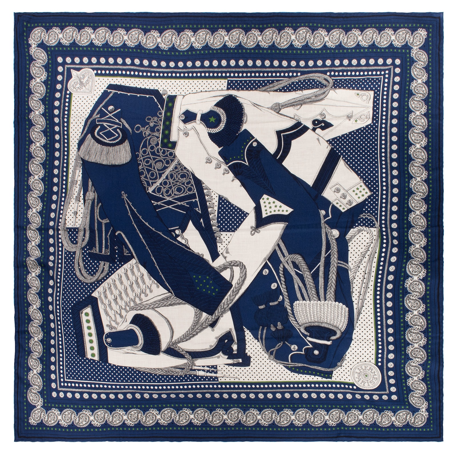 HERMES エルメス スカーフ カレ140 カレジェアン Zouaves et Dragons Bandana ズアヴとドラゴン・バンダナ 244048S 06 カシシル ストール ショール 2023AW カシミヤ シルク ネイビー ベージュ【中古】