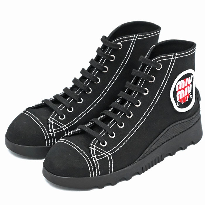 SALE【美品】MIUMIU Club ミュウミュウ クラブ スニーカー ハイカット サイズ 37 レディース ロゴ ワッペン キャンバス キャップトゥ シューズ 靴 ブラック 黒 イタリア製