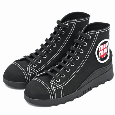 SALE【美品】MIUMIU Club ミュウミュウ クラブ スニーカー ハイカット サイズ 37 レディース ロゴ ワッペン キャンバス キャップトゥ シューズ 靴 ブラック 黒 イタリア製