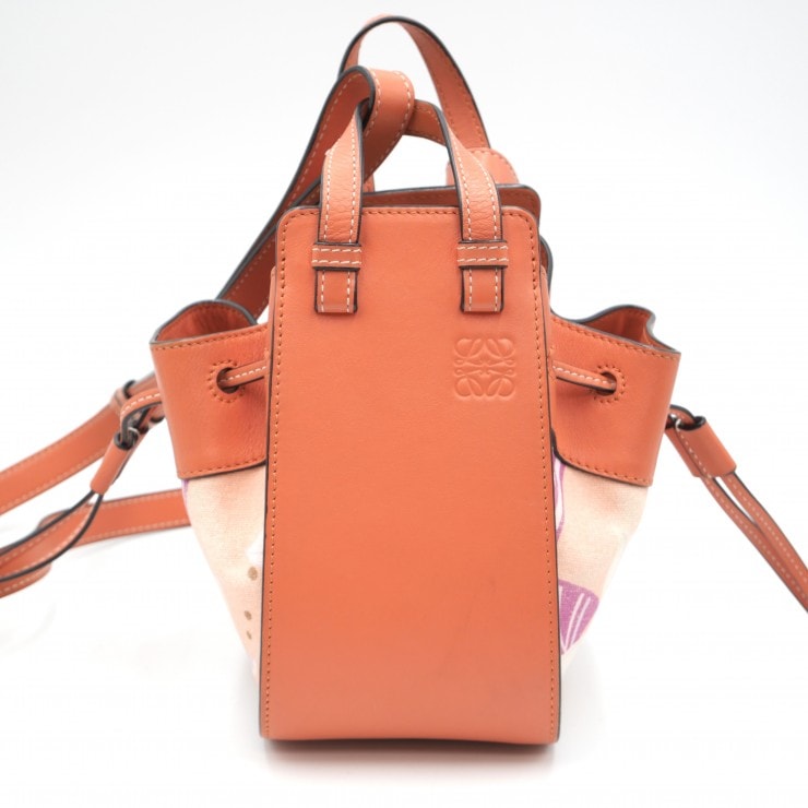 LOEWE(ロエベ)ハンモック ドローストリングバッグ ミニ ショルダーバッグ ハンドバッグ フローラル キャンバス レザー オレンジ レディース 【中古】