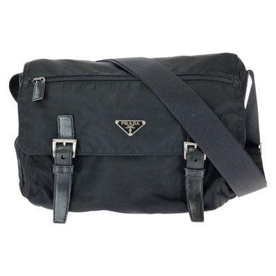 美品 PRADA プラダ テスート 三角ロゴプレート ブラック 黒 シルバー金具 ナイロン レザー/ ショルダーバッグ メッセンジャーバッグ 603308 【中古】