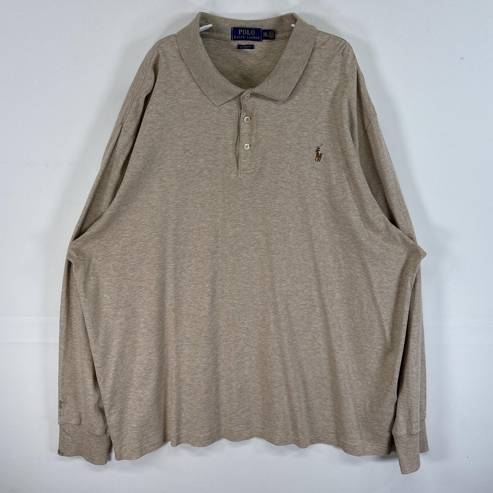 古着 ポロ・ラルフローレン POLO RALPH LAUREN 長袖 ポロシャツ ロゴ 刺繍 3ボタン 大きいサイズ 14041  ベージュ 無地 メンズ
