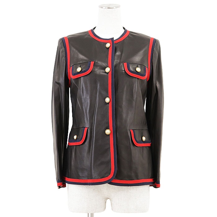 【美品】GUCCI グッチ レザージャケット シェリーライン ウェブストライプ インターロッキング フェイクパール ボタン ラムレザー ノーカラー アウター レディース サイズ 42 ブラック 黒 イタリア製