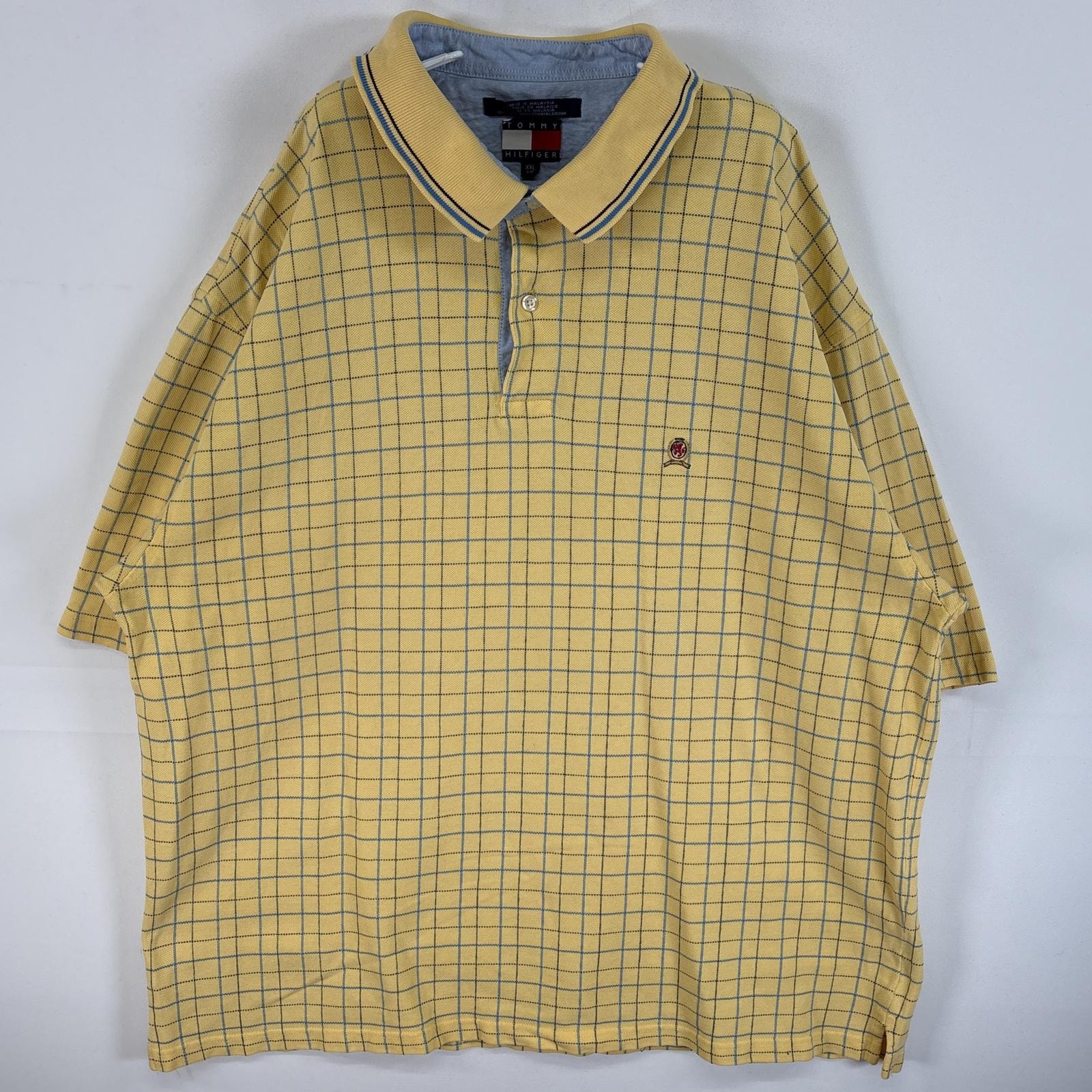 古着 90's/90年代 トミーヒルフィガー TOMMY HILFIGER 鹿の子 半袖 ポロシャツ ワンポイント ロゴ 刺繍 大きいサイズ 格子柄 14041  イエロー系 チェック メンズ