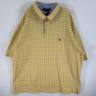 古着 90's/90年代 トミーヒルフィガー TOMMY HILFIGER 鹿の子 半袖 ポロシャツ ワンポイント ロゴ 刺繍 大きいサイズ 格子柄 14041 イエロー系 チェック メンズ