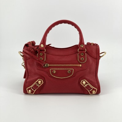 BALENCIAGA(バレンシアガ) クラシック メタリック エッジ ミニ シティ レザー 2WAY ゴールドスタッズ 390160 ショルダーバッグ レッド×ゴールド