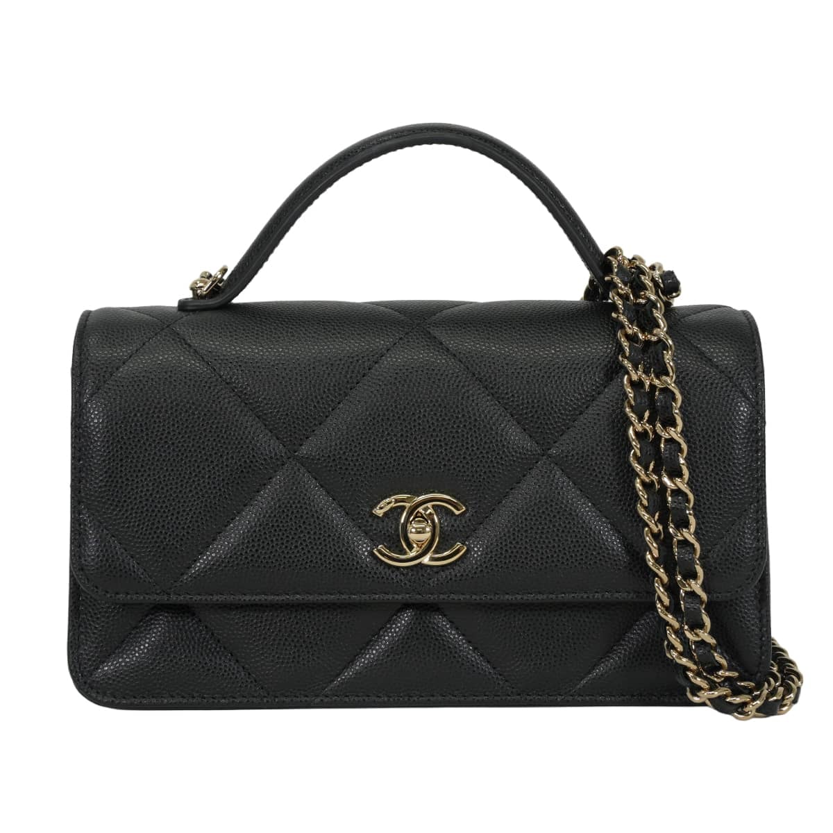 2025/26年秋冬 CHANEL シャネル チェーンウォレット(WOC) チェーンウォレット トップハンドル マトラッセ ココマーク 黒 (ブラック) グレインドカーフ(キャビアスキン) シャンパンゴールド金具 AP4931 新品