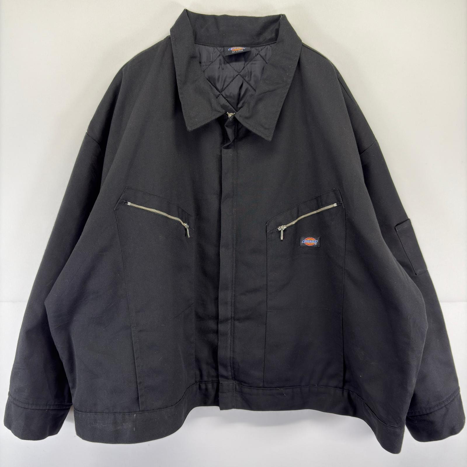 古着 ディッキーズ Dickies ジャケット ワーク ロゴ 作業着 大きいサイズ フルジップ ワンポイント 5XL  ブラック メンズ