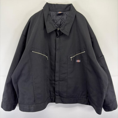 古着 ディッキーズ Dickies ジャケット ワーク ロゴ 作業着 大きいサイズ フルジップ ワンポイント 5XL ブラック メンズ