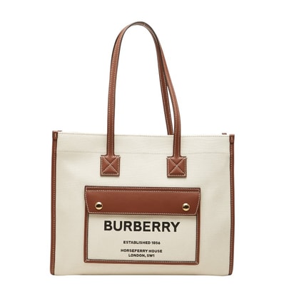 バーバリー スモール フレイヤ トートバッグ ショルダーバッグ 8044138 アイボリー ブラウン キャンバス レザー レディース BURBERRY 【中古】