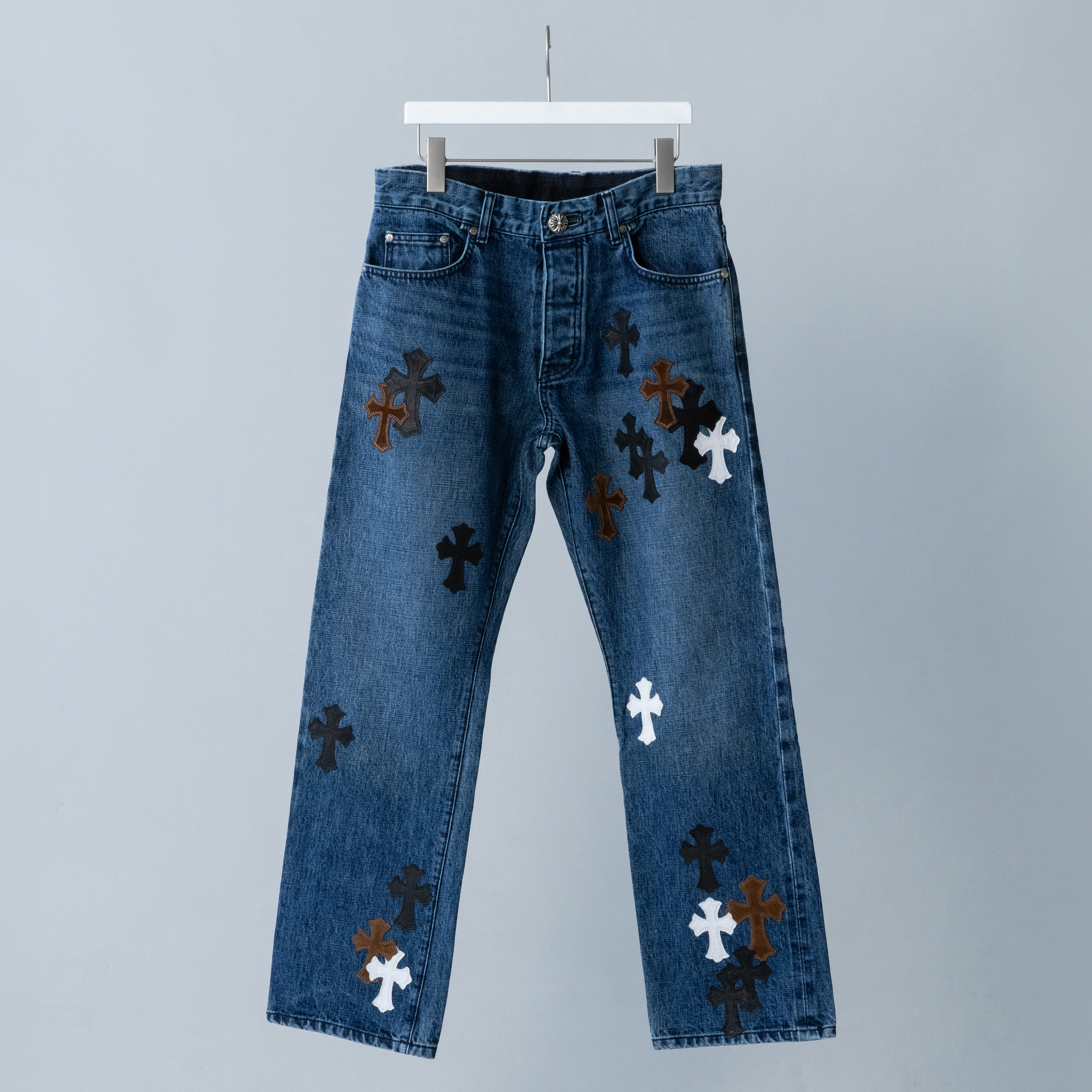 Chrome Hearts Cross Patch Washed Denim Pants "Indigo/Black/Brown"