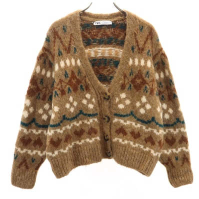ZARA ザラ 総柄 長袖 ニットカーディガン S ブラウン