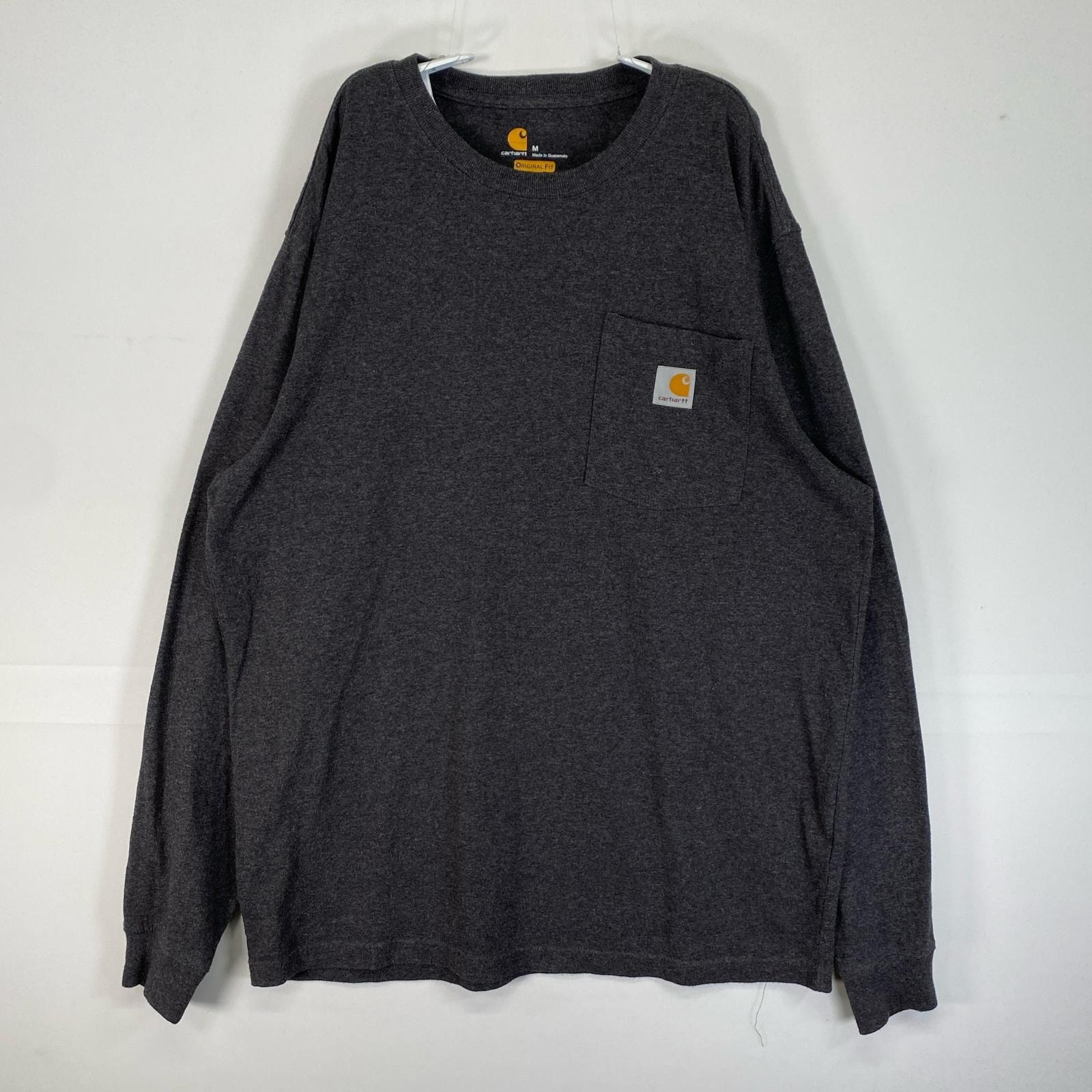 古着 カーハート Carhartt 長袖Tシャツ ワーク 肉厚 ワンポイント ロゴ 胸ポケット M  ダークグレー系 無地 メンズ