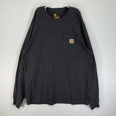 古着 カーハート Carhartt 長袖Tシャツ ワーク 肉厚 ワンポイント ロゴ 胸ポケット M ダークグレー系 無地 メンズ