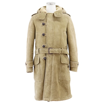 GUCCI グッチ 2021年製 シアリングムートンコート シープスキン シグネチャー ロゴ ボタン ジップ ベルテッド フード ボアライニング 防寒 アウター メンズ サイズ 46 カーキ イタリア製