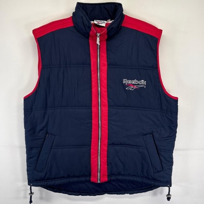古着 90's/90年代 リーボック Reebok ベスト 大きいサイズ フルジップ ロゴ刺繍 バック刺繍 スポーツ ツートン XL レッド メンズ