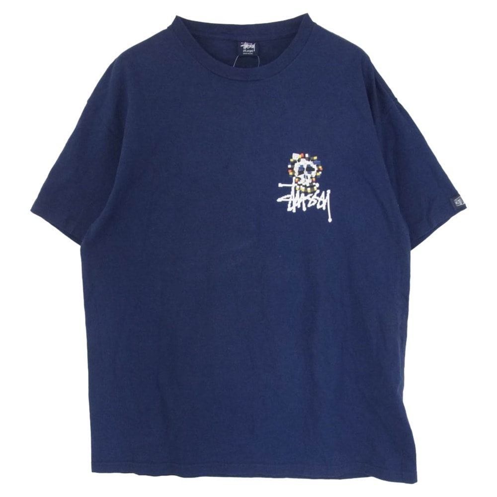 STUSSY ステューシー Tシャツ 90s 紺タグ USA製 オールド customade カスタメイド digi skull ドット スカル プリント Tシャツ ネイビー系 XL【中古】