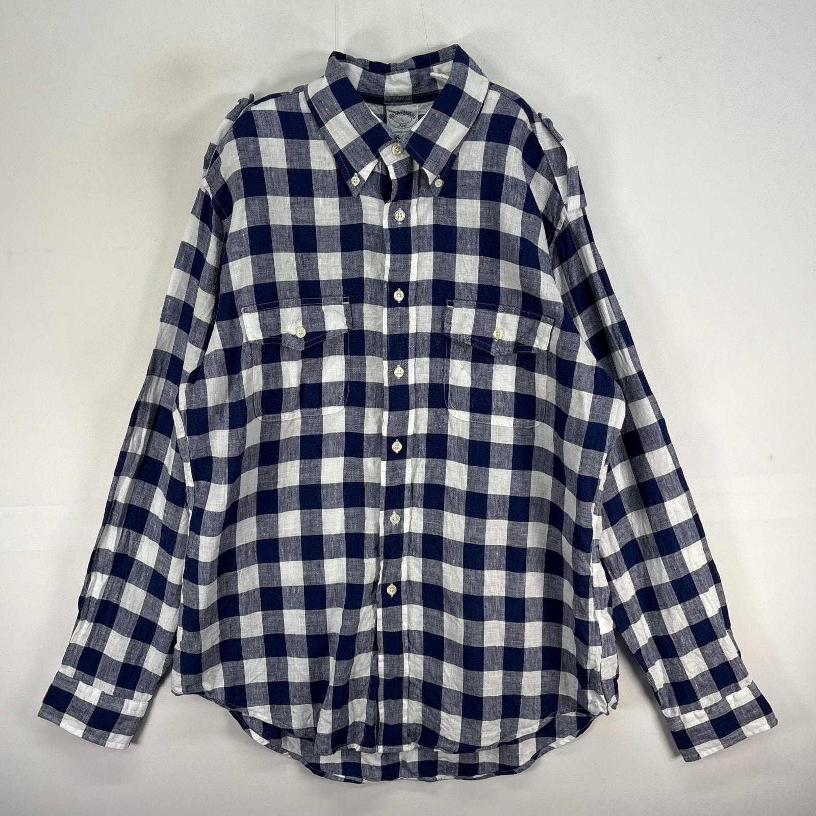 古着 ブルックスブラザーズ Brooks Brothers 長袖シャツ リネン エポレット ロールアップ L  ブルー系 チェック メンズ