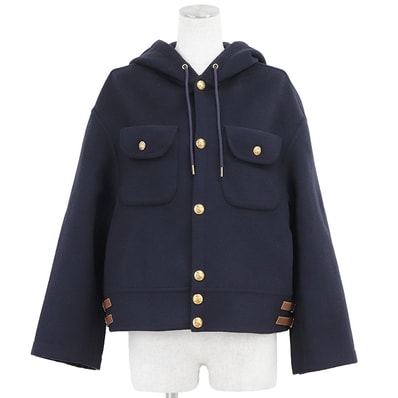 【美品】CELINE セリーヌ フーデッドジャケット サイズ 36 レディース カシミヤ100%メルトン ロゴ トリオンフ ゴールドボタン アウター ネイビー 紺 イタリア製