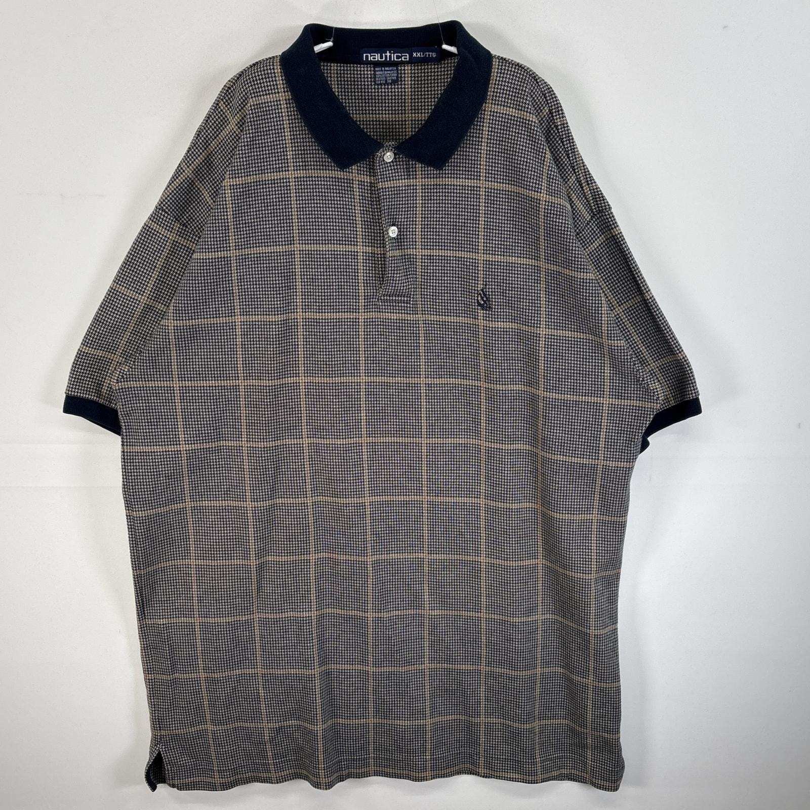 古着 90's/90年代 ノーティカ NAUTICA 半袖 ポロシャツ 厚手 大きいサイズ ワンポイント ロゴ 刺繍 14041  ネイビー系 チェック メンズ