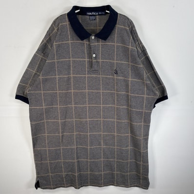 古着 90's/90年代 ノーティカ NAUTICA 半袖 ポロシャツ 厚手 大きいサイズ ワンポイント ロゴ 刺繍 14041 ネイビー系 チェック メンズ