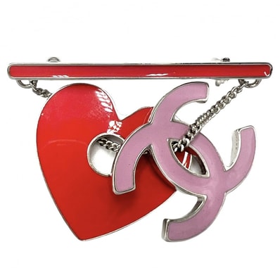 CHANEL シャネル ブローチ ココマーク アクセサリー ハート スイング 04P レッド 赤 ピンク シルバー金具 レディース 約12.1g 2004年【中古品】