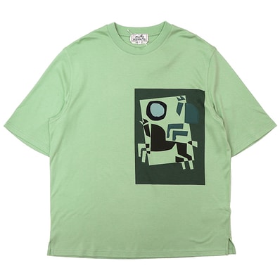 【美品】HERMES エルメス Tシャツ サイズ S メンズ ソルド品 Velký lov ヴェルキー・ラブ コットン × カシミヤ プルオーバー クルーネック ショートスリーブ 半袖 トップス ライトグリーン 緑 イタリア製