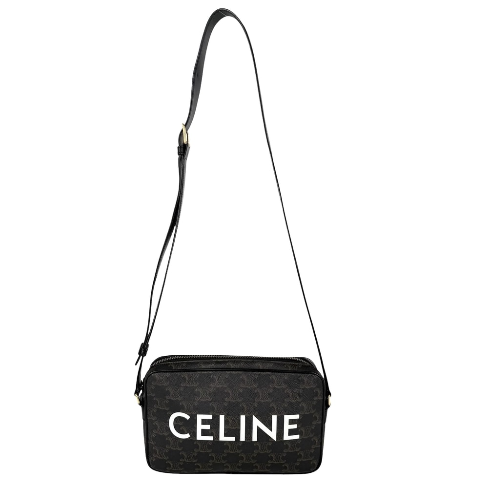 CELINE セリーヌ ショルダーバッグ ミディアムメッセンジャーバッグ ロゴ ロゴプリント 肩掛け 斜め掛け PVC レザー ブラック 黒 ブラウン 茶 ゴールド金具 レディース【中古品】