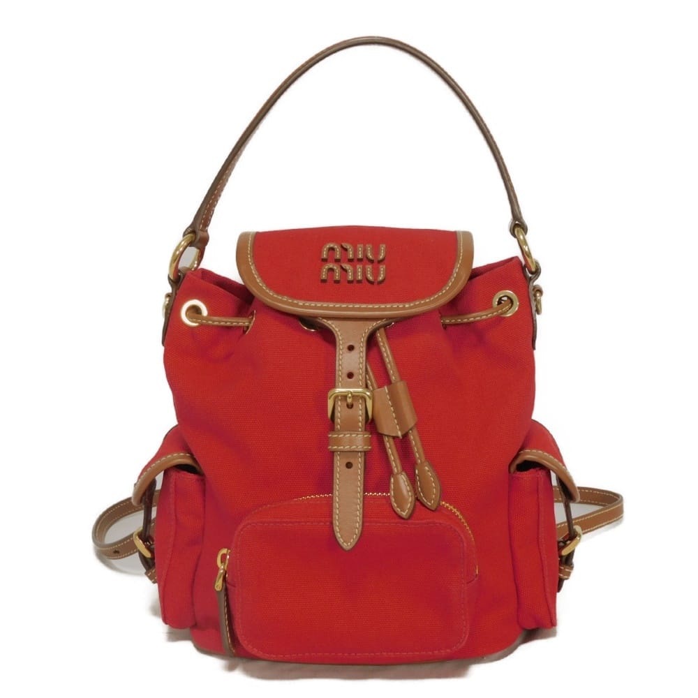 MIUMIU ミュウミュウ ドローストリング ミディアム デイパック 巾着 ブランデー ロゴ レッド リュックサック バックパック 5BZ043 2IBQ F0TQE