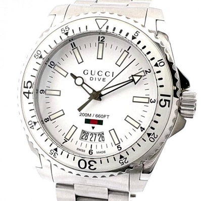 グッチ ダイブ メンズ 腕時計 シルバー ホワイト文字盤 クオーツ 電池式 3針 SS 136.3 GUCCI 正規品【鑑定済み】