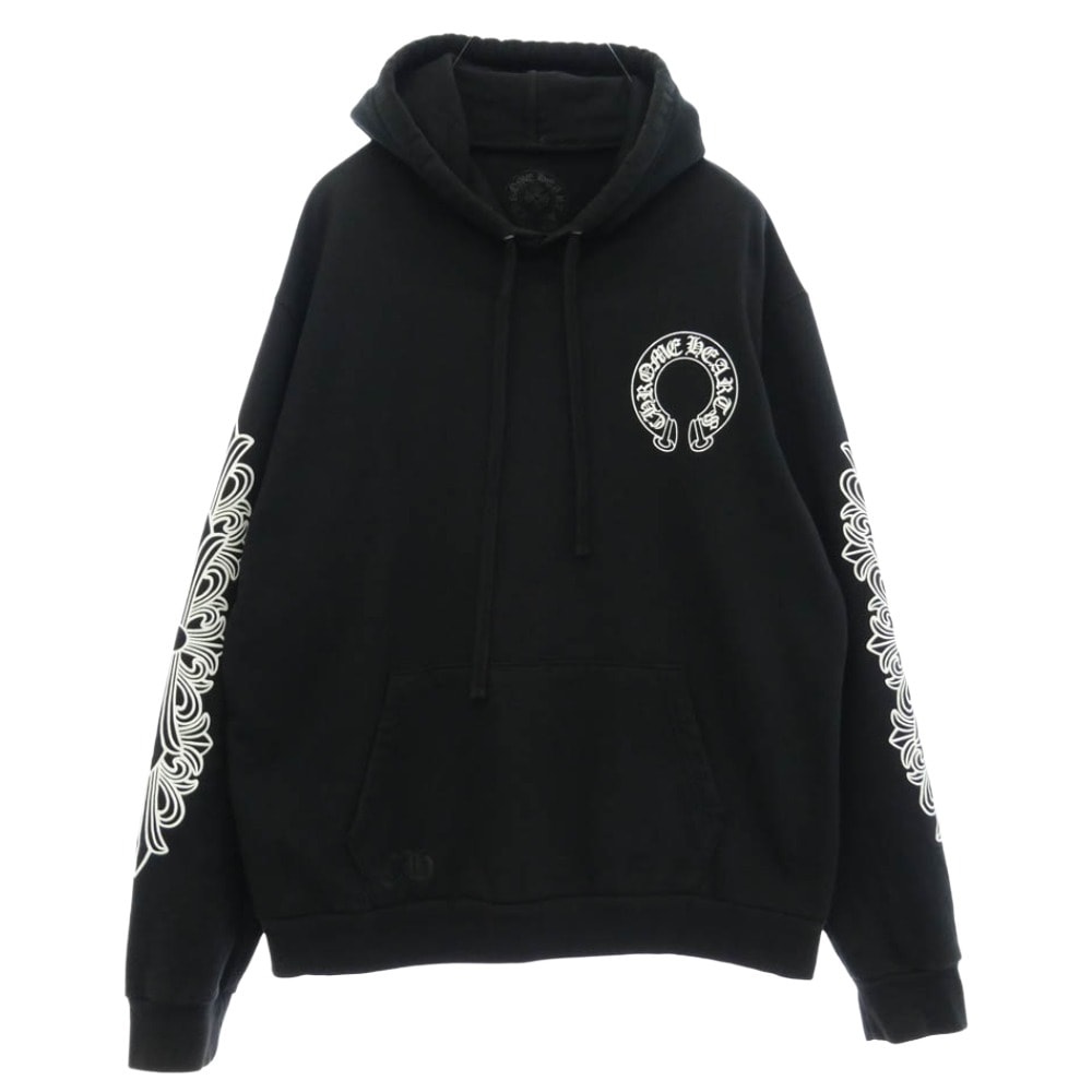 CHROME HEARTS クロムハーツ(原本無) SWTSHRT PLVR プルオーバー パーカー 袖フローラル ホースシュープリント スウェットパーカー ブラック系 L【中古】