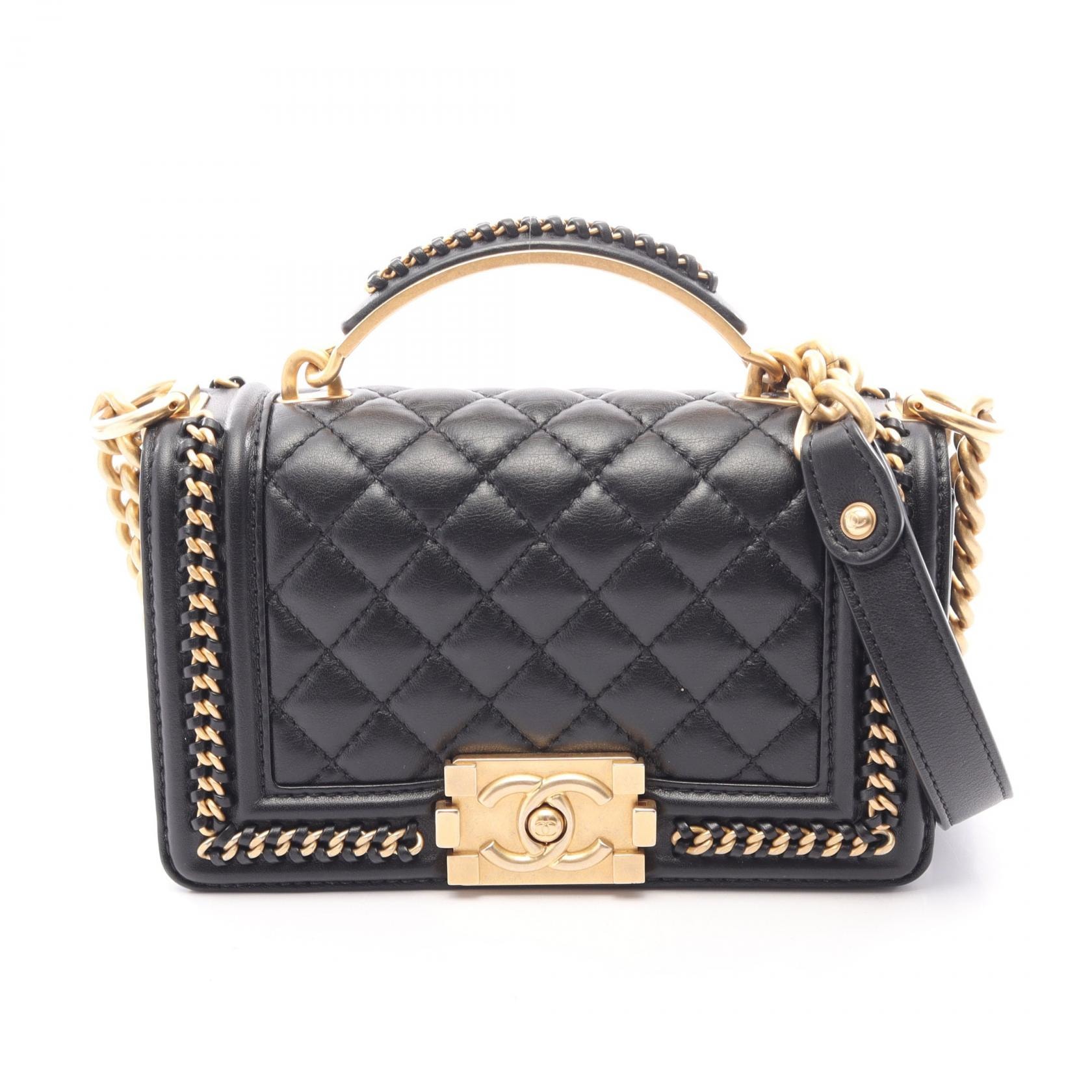 シャネル CHANEL ボーイシャネル トップハンドル フラップ 2WAY ショルダーバッグ バッグ レザー レディース ブラック系 【中古】