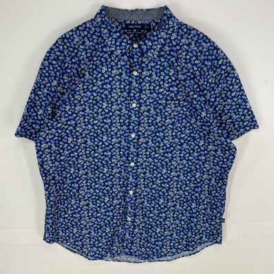 古着 ノーティカ NAUTICA 半袖シャツ 胸ポケット ワンポイントロゴ刺繍 花柄 ショートスリーブ 2XL ブルー系 総柄 メンズ