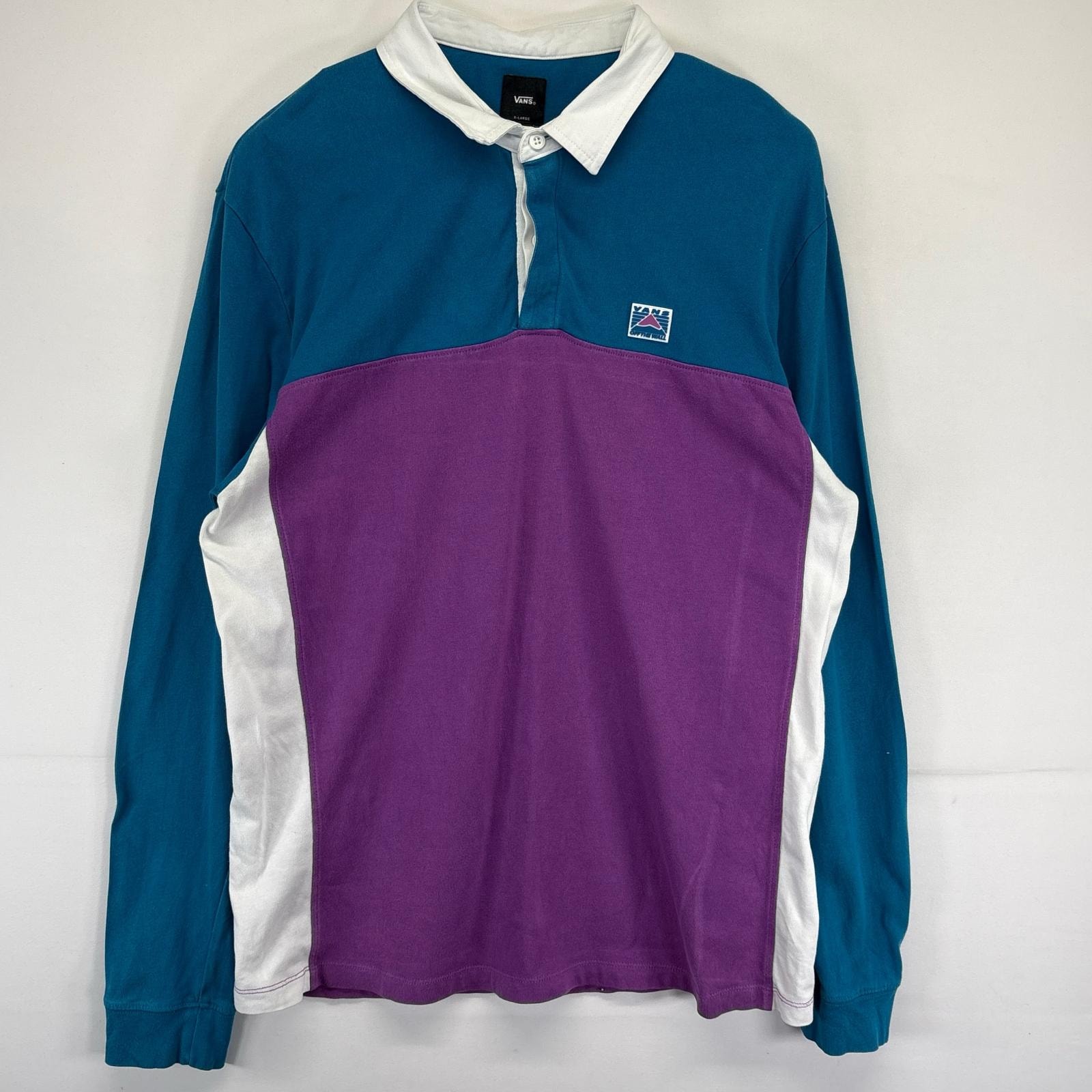 古着 バンズ VANS 長袖 ポロシャツ 大きいサイズ ラガーシャツ ワンポイントロゴ ツートンカラー XL  パープル メンズ