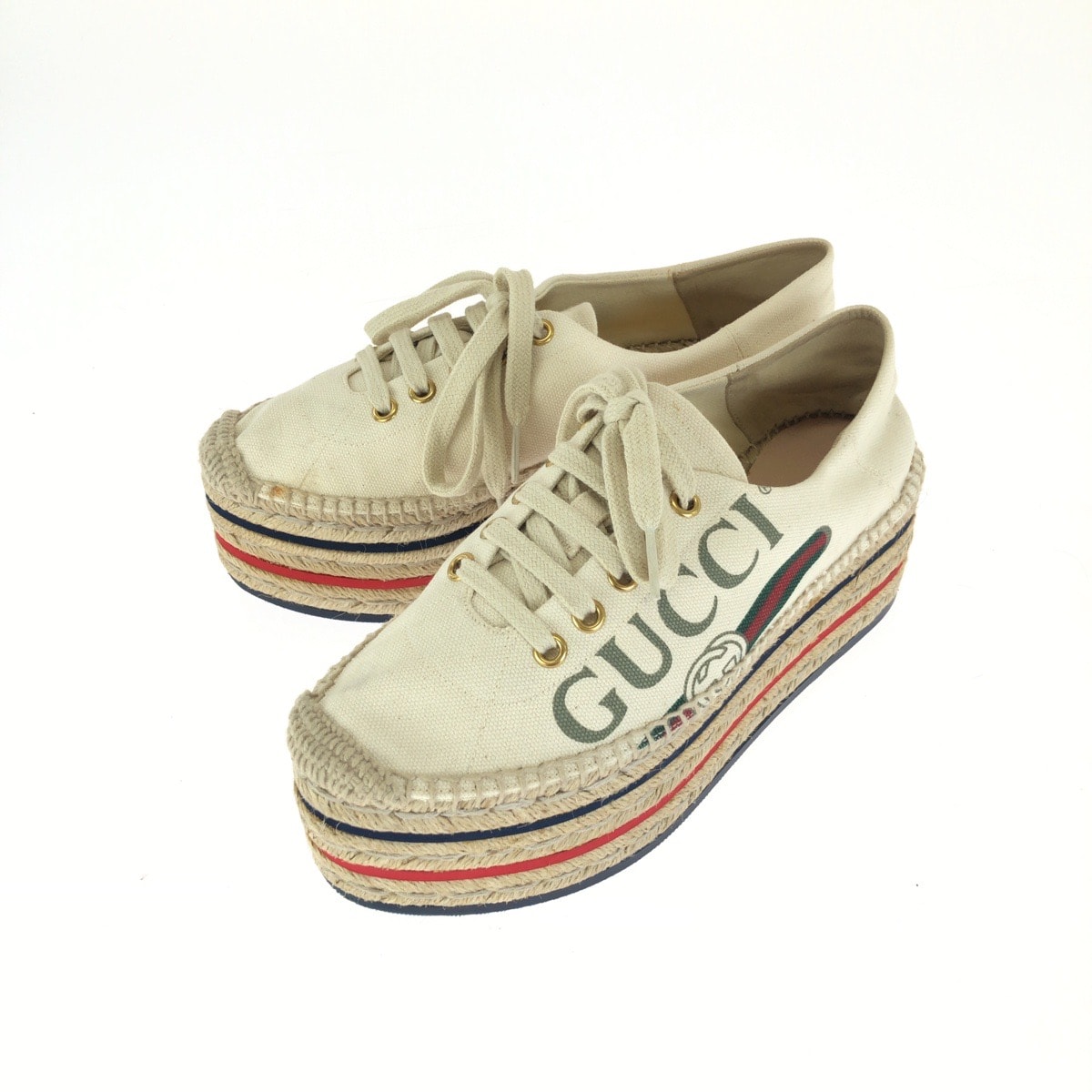 GUCCI グッチ シェリーライン プラットフォーム エスパドリーユ サイズ35 アイボリー マルチカラー キャンバス ラバー/ ジュート/ スニーカー 1-0294229 【中古】