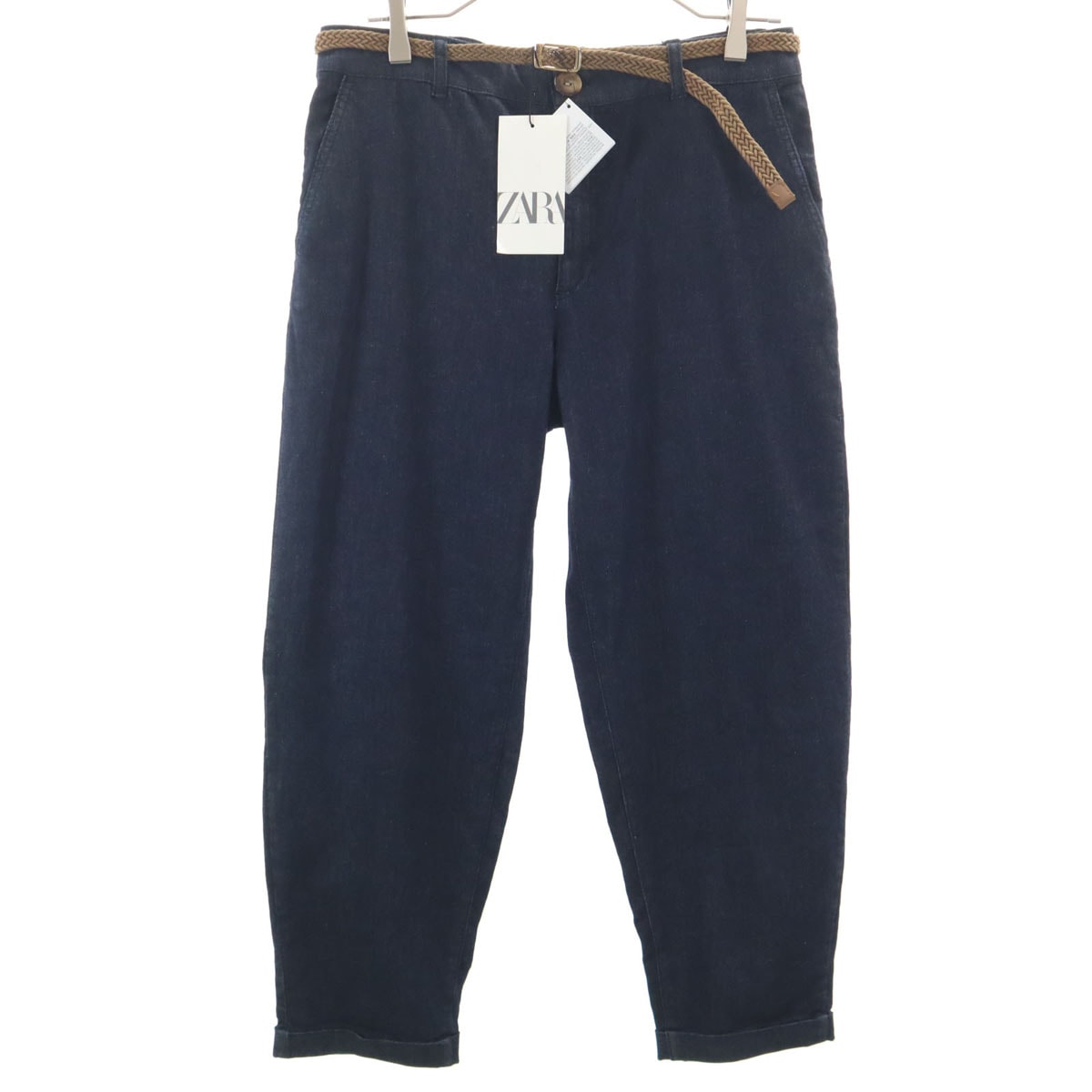 未使用 ZARA ザラ テーパードデニムパンツ 38 インディゴ ジーンズ ベルト付き