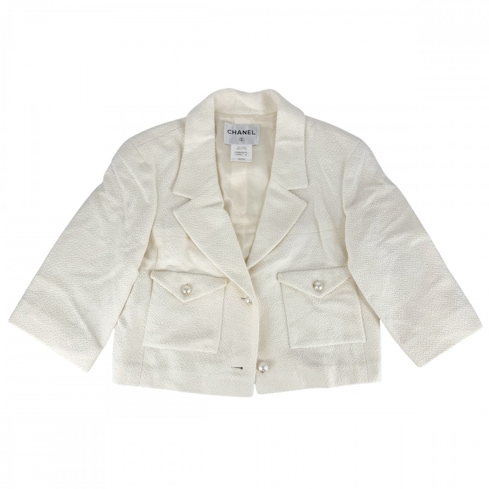 CHANEL シャネル アウター ロゴボタン パールボタン ジャケット アパレル 服 42 アイボリー ゴールド金具 コットン シルク レディース【中古品】