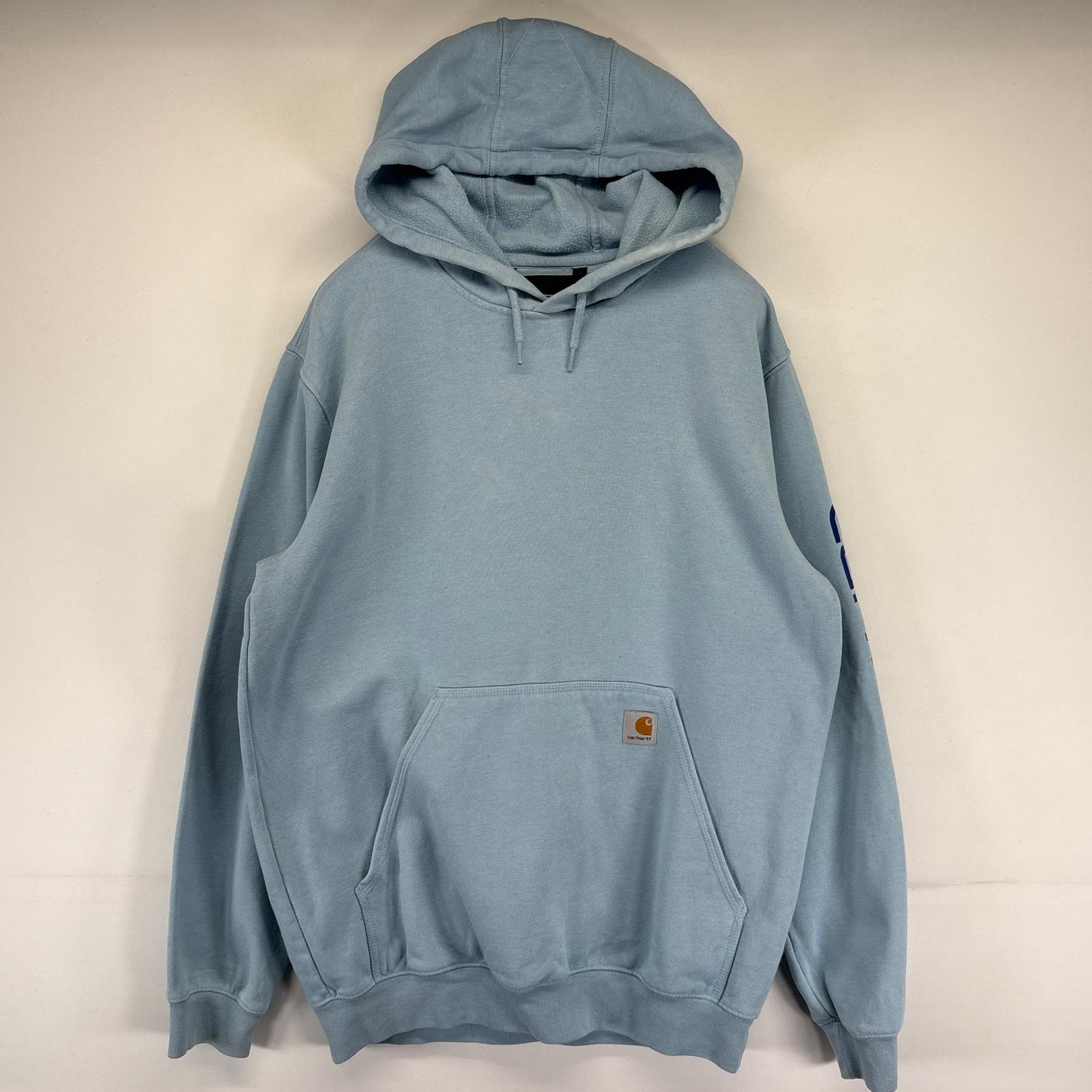 古着 カーハート Carhartt パーカー プルオーバー  スウェット スリーブロゴ ルーズフィット M  水色 メンズ